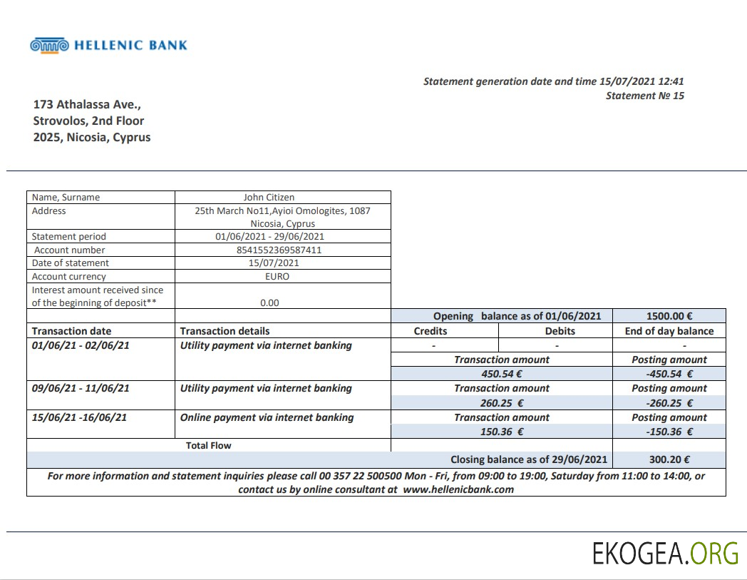 Modèle de relevé bancaire hellénique de Chypre au format Word et PDF